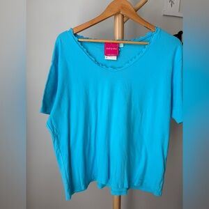 Fresh Produce Ruffle Neck Aqua Blue Short Sleeve Shirt NEW Women’s Size 2XL Top